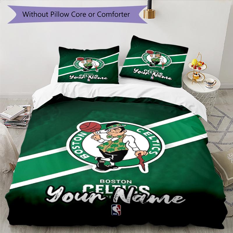 3pcs Custom Name Boston Celtics Bedding Set Duvet Cover Closure Includes 1 Duvet Cover & 2 Pillowcases, Soft and Comfortable for All Seasons.