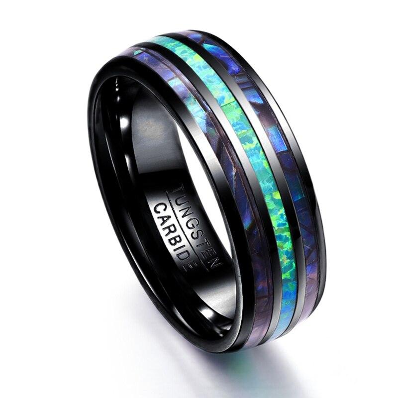 Luxury Men Women 8mm Stainless Steel Ring Inlay Abalone Shell Imitation Opal Wedding Band for Couples Jewelry Gifts