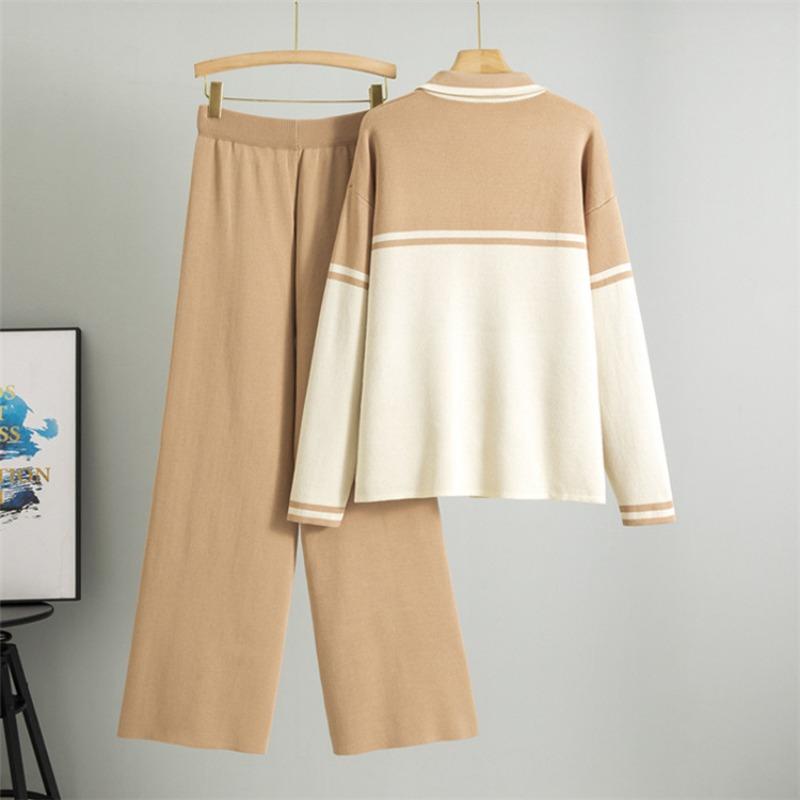 Плюс размер женский весенний новый лацкан цветной контрастный модный повседневный свободный вязаный кардиган из двух частей комплект