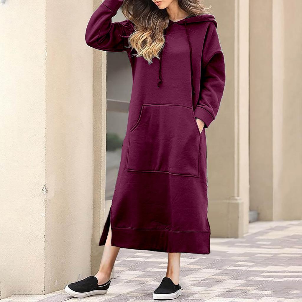 Women's Casual Solid Color Long Sleeve Hoodie Long Dress