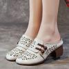 Summer Cowhide Chunky Heel Soft Bottom Leather Sandals Women Retro Cave Shoes