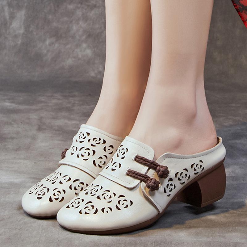 Summer Cowhide Chunky Heel Soft Bottom Leather Sandals Women Retro Cave Shoes