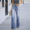 Women Jeans with Pockets High Waist Ripped Solid Color Full Length Pants Straight Wide Leg Trousers for Daily Commuting