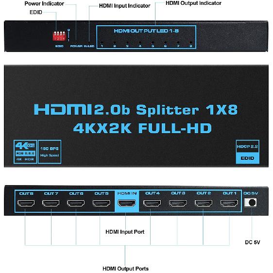 Navceker HDMI Splitter 1x2 1x4 1x8 4K HDMI Splitter 1 in 2 out 2 Port HDMI Amplifier HDMI Cable Splitter 2.0 For PS4 PS5 Xbox 4