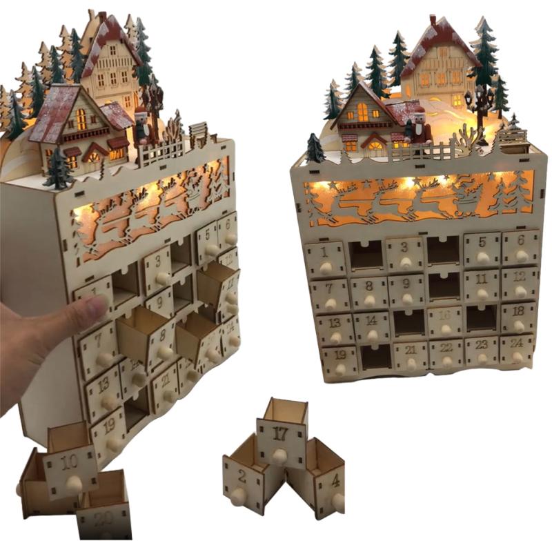 Календарь Орнамент Деревянный Рождественский Адвент Календарь Деревня Оленей Светодиодные Праздничные Украшения Рождество