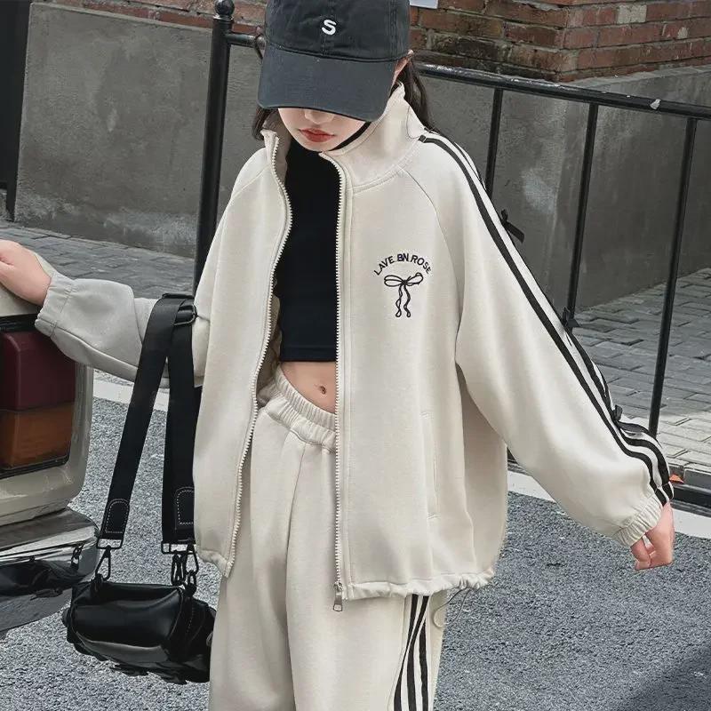 Полосатый кардиган спортивный костюм для девочек – длинный рукав, два предмета на осень