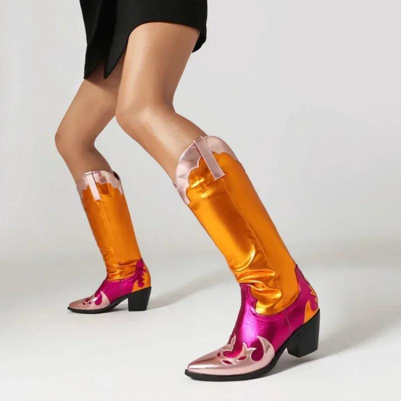 Модные модные остроносые ковбойские сапоги для женщин 2024 года, осень-зима, ковбойские сапоги из искусственной кожи, женские высокие толстые каблуки, большой размер 46