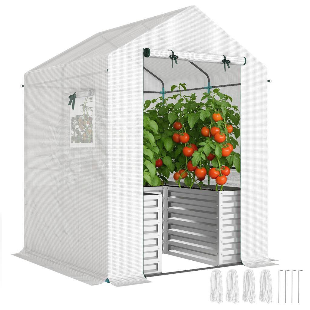 Tomato Greenhouse Film Greenhouse with Raised Bed Roll-Up Door Window Sloped Roof 141 x 141 x 190 cm White
