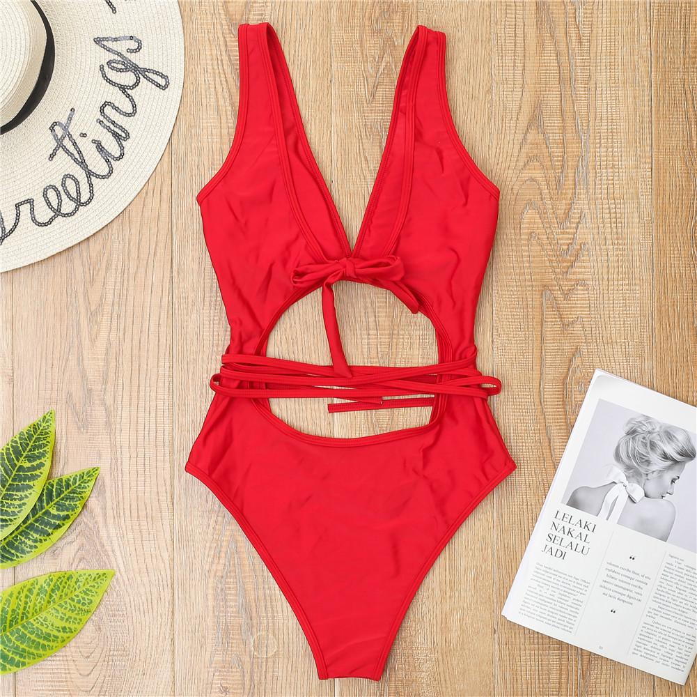 Женский купальник, сплошной цвет, завязка на спине, сексуальные стринги с вырезом, цельный купальник, бикини, пляжная одежда, купальные костюмы