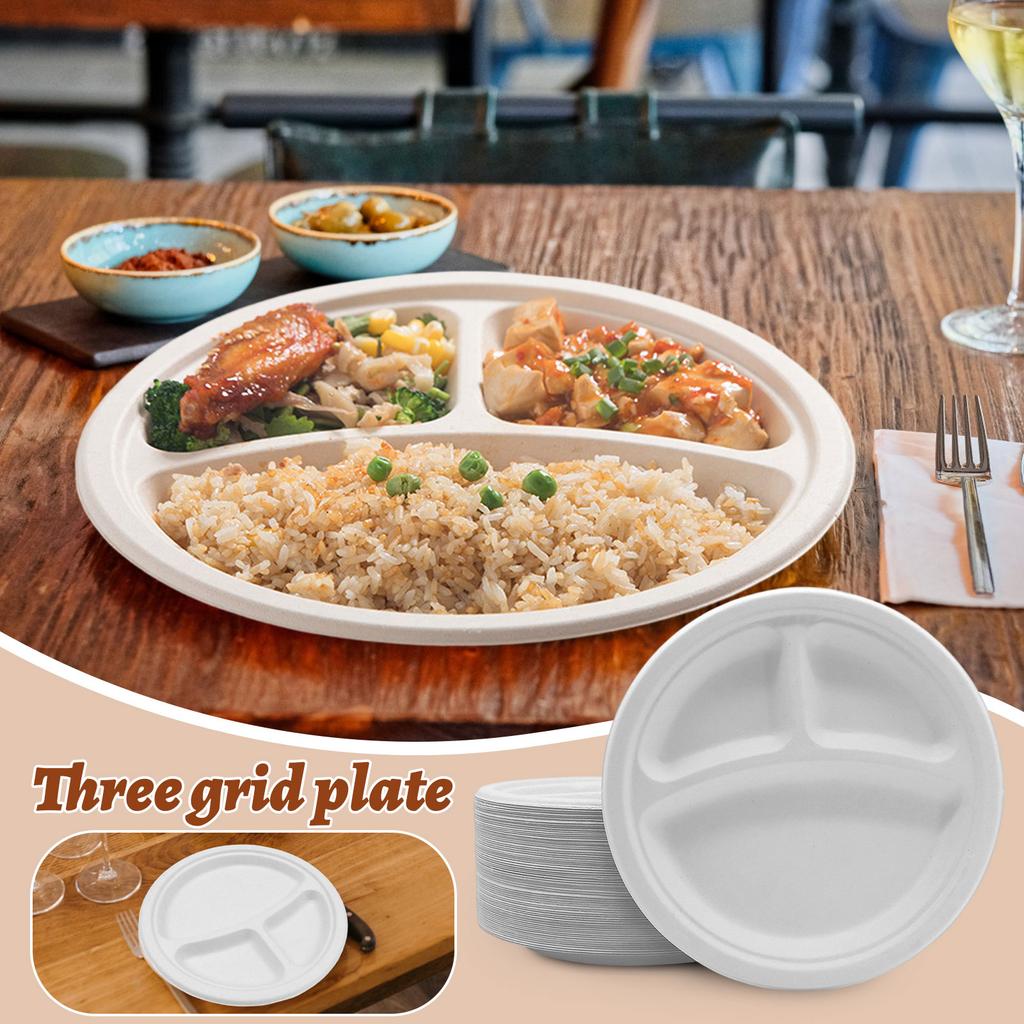 Одноразовые обеденные тарелки, Утолщенная посуда пищевого класса, Круглые тарелки для закусок, Тарелки для барбекю, Бумажные тарелки для шведского стола, Бумажные тарелки с тремя отделениями