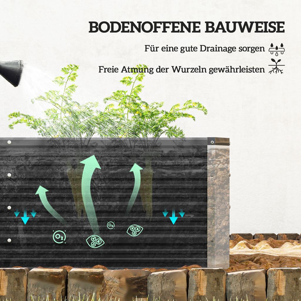 Steel raised garden bed, planter box, flower box, flower pot with gloves, charcoal gray, 125 x 47 x 44 cm