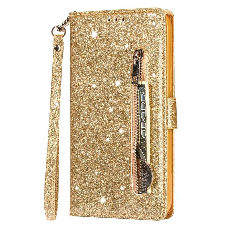 Защитный чехол для мобильного телефона с блестящим порошком, кожаный флип-чехол, чехол на молнии для iPhone Samsung Huawei Xiaomi, блестящий кошелек-сумка, роскошный женский модный подарок