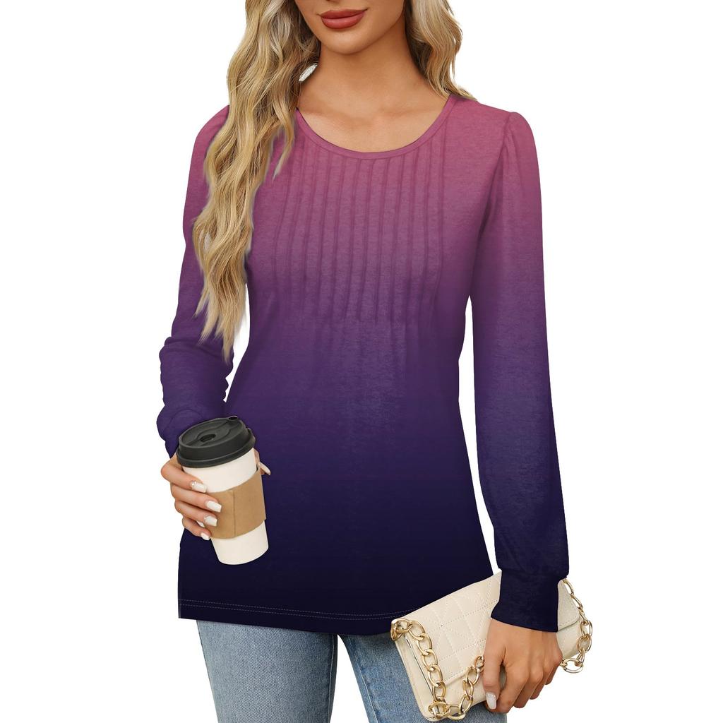 Женская повседневная плиссированная футболка с круглым вырезом и длинными рукавами с градиентным принтом