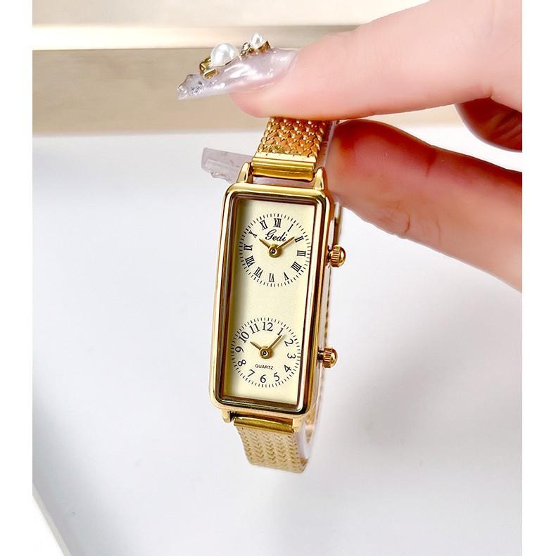 Creative Dual Movement Watch Women'S Retro Small Square Watch Women'S Dual Time Zone Niche High-End British And British Watch