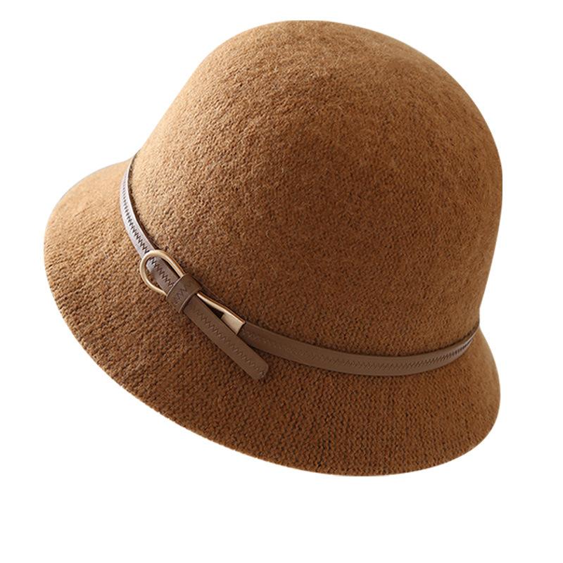 Elegant belt wool basin hat women's autumn and winter versatile face woolen top hat cold and warm bucket hat