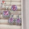 High-grade Pink Zircon Hollow Bottom Square Pendant Women Open Ring Earrings Set