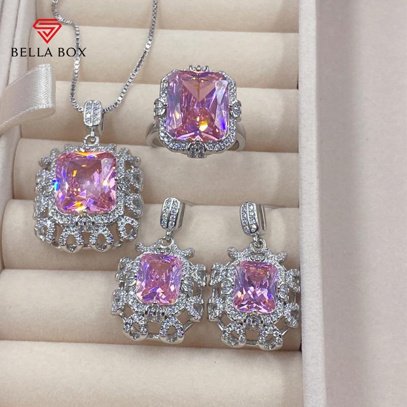 BELLA BOX High-grade Pink Zircon Hollow Bottom Square Pendant Women Open Ring Earrings Set