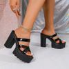 Fashion Cross Band Super High Heels Sandals Women Plus Size Pu Leather Chunky Platform Slippers Thick Sole Non Slip Square Heels Shoes