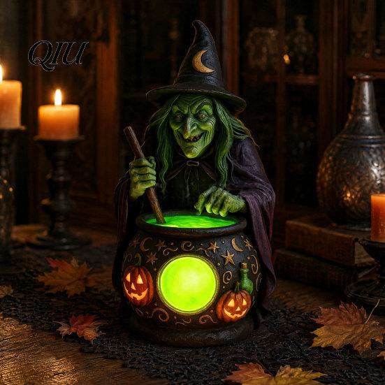 Witch Lantern Decoration Halloween Gothic Lantern, Resin Tabletop Decor with Warm Glow, Spooky Centerpiece Decorative for Shelf Desk