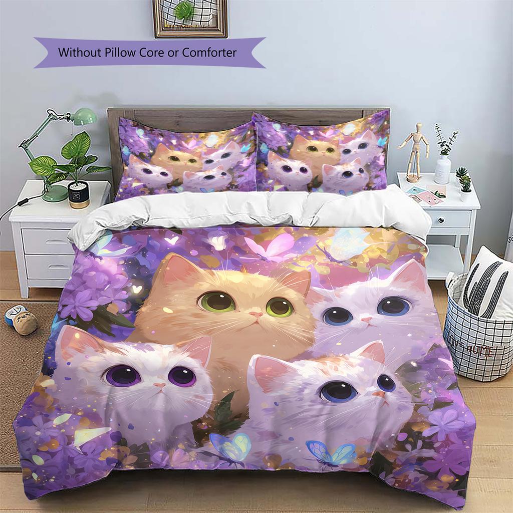 Purple Tabby Cat Pattern Bedding Quilt Set Quilt Cover Pillowcase Home Decoration Gift (1 * duvet cover + 2 * pillowcase, without core)