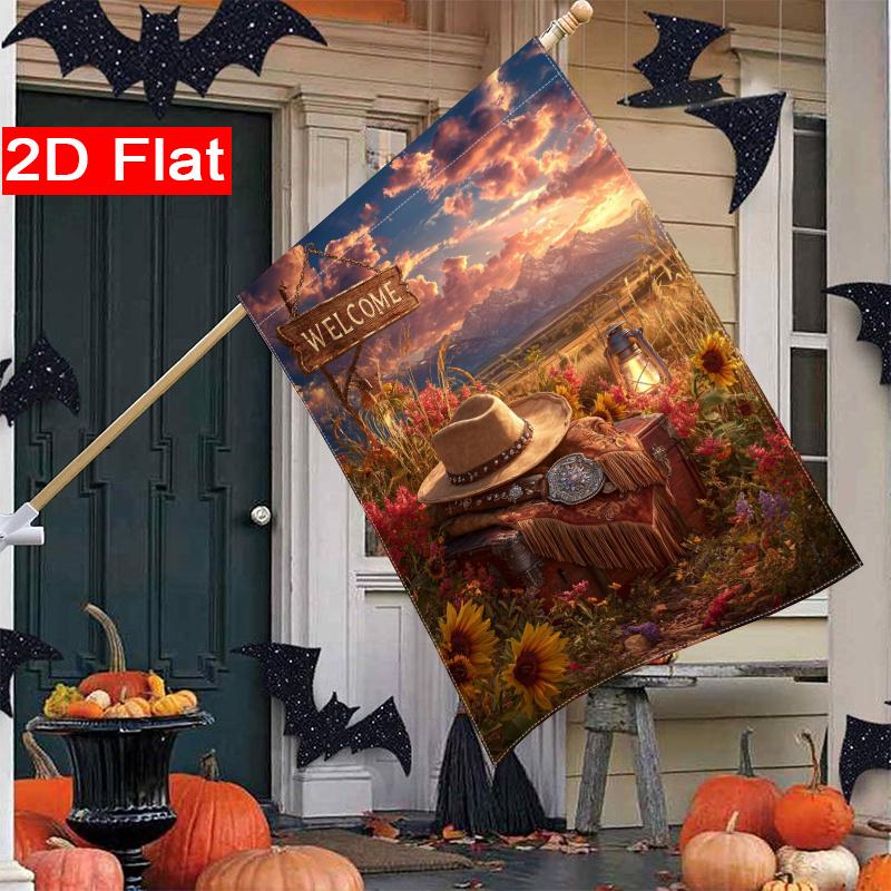 2D Flat, 2D Flat Thanksgiving Welcome Cowboy Countryside Landscape Garden Flag_2-28x40 Inch Outdoor Garden Flag Double-sided Home Decoration Courtyard
