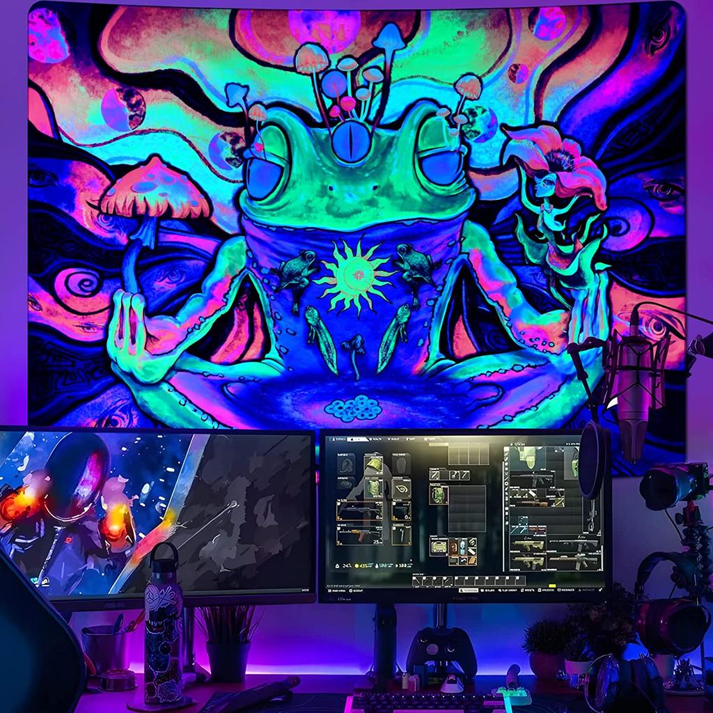 Гобелен с лягушкой Blacklight, УФ-реактивный цветочный гобелен, глаза хиппи, светящиеся в темноте, солнце и луна, эстетический настенный подвес для спальни