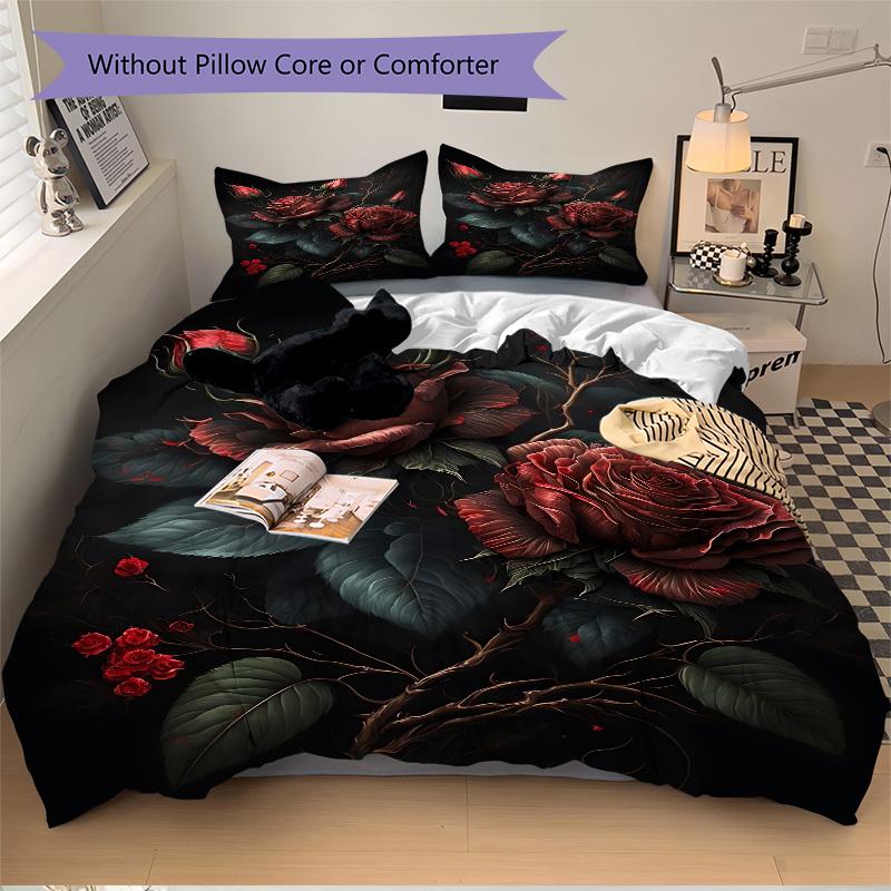 3pcs Roses, Dark Floral Duvet Cover Set, Cover For Bedroom Guest Room (1 Duvet Cover + 2 Pillowcase, Without Quilt),  yy250922226