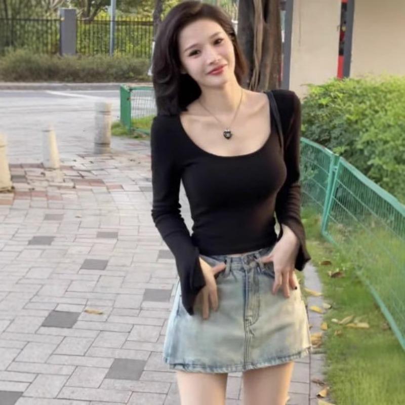 Новая осенне-зимняя футболка Pure Wind с U-образным вырезом и длинными рукавами для женщин с узким роговым рукавом снизу