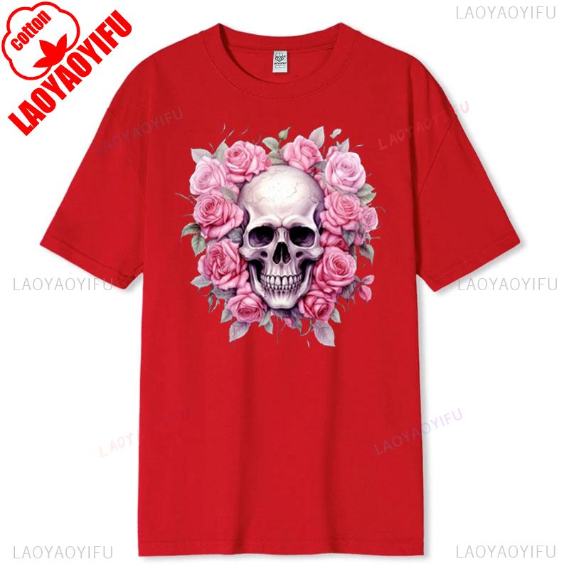 Skull and Roses TShirt Gothic Boho Floral Print Round Neck Breathable Womens Fall Halloween Skeleton Tee Casual Fit Shirts