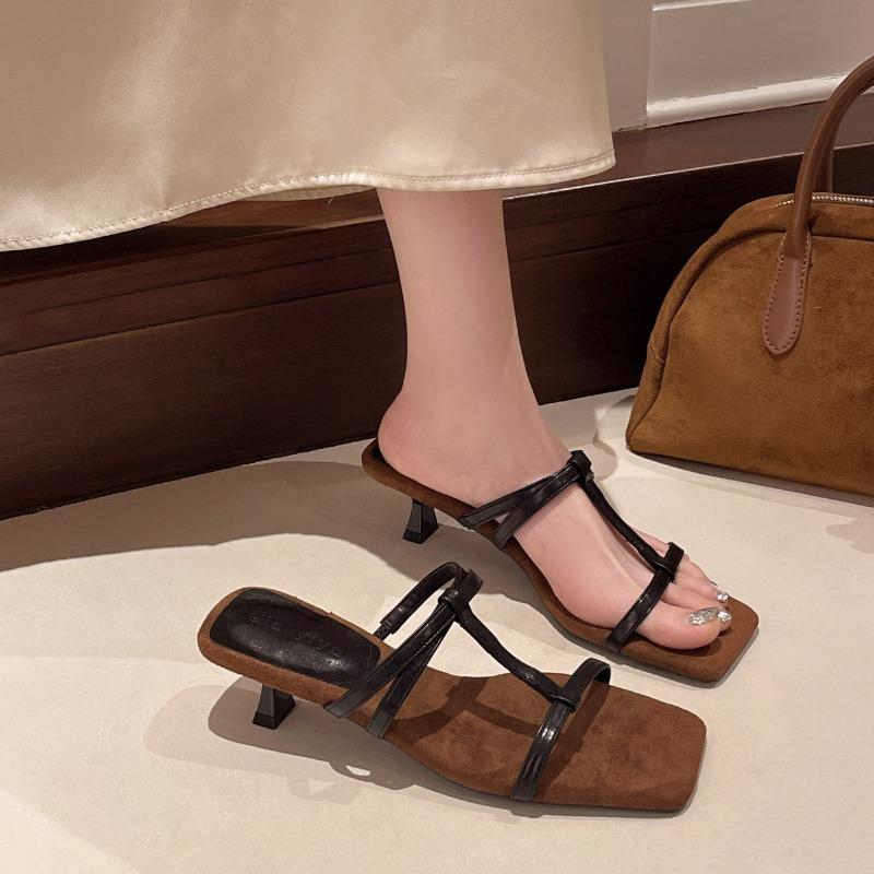 Slim Heels Cool Slippers Female New Little Fairy Temperament White Square Head Open-toed High-heeled Slippers Summer
