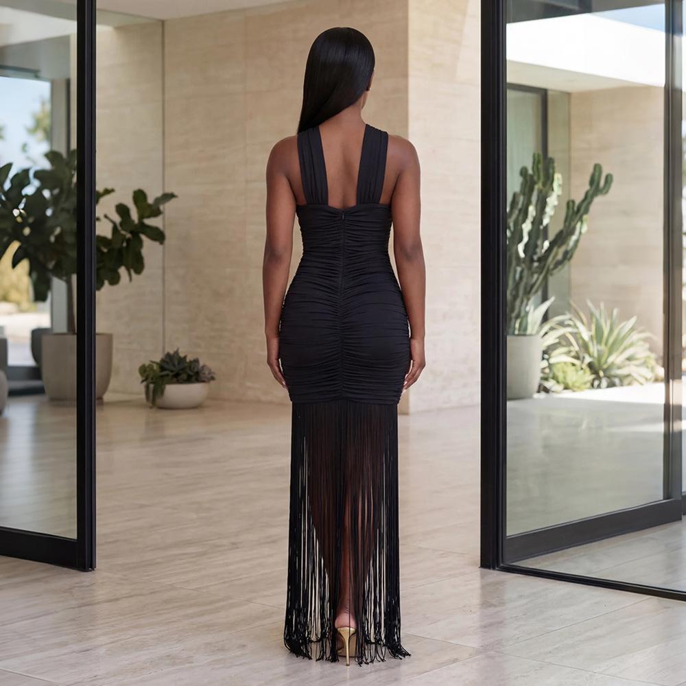 CY901181 European and American new sexy slim-fitting black cross-hanging neck fringed long dress women's slim evening dress