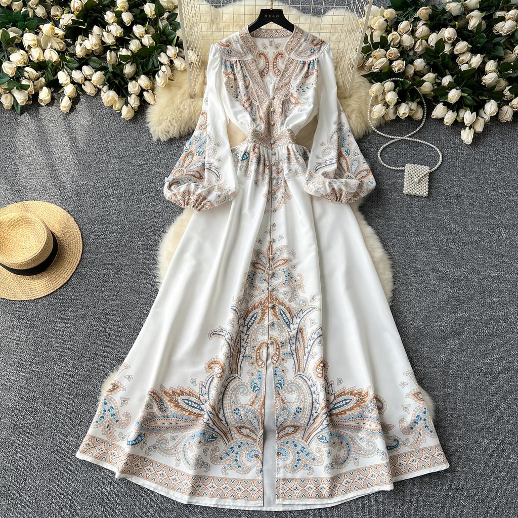 Элегантное длинное платье во французском стиле ретро, женские вечерние платья в придворном стиле с принтом пейсли, женские тонкие длинные платья трапециевидной формы с v-образным вырезом