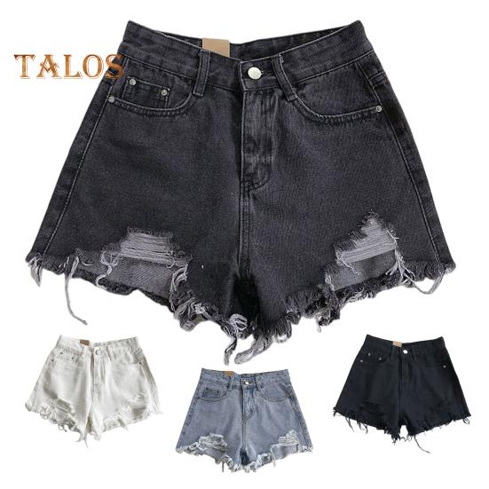 Summer Women Denim Shorts High Waist A-line Solid Color Ripped Button Zipper Closure Retro Pockets Slim Fit Above Knee Length Short Pants