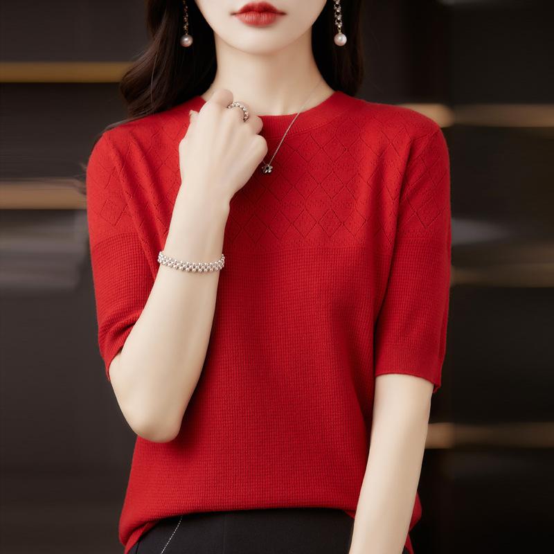 Spring Women's T-shirt Round Neck Knitted T-shirt Solid Colour Hollow Out Tops Knitwear