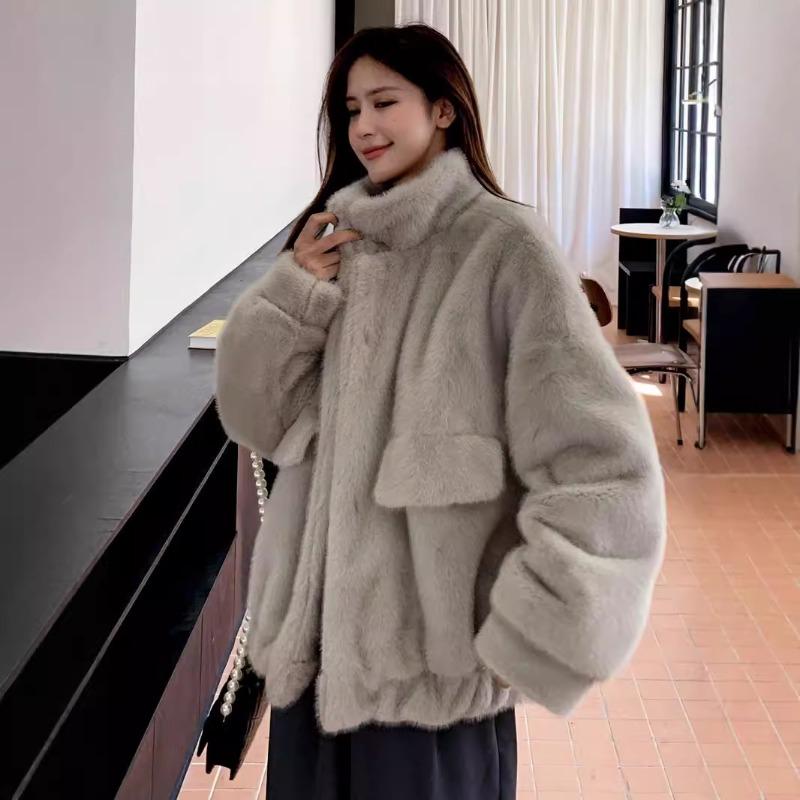 Зимняя меховая куртка, свободное плюшевое пальто, женская, новая бежевая норковая шерсть, воротник-стойка, большой карман, меховой топ