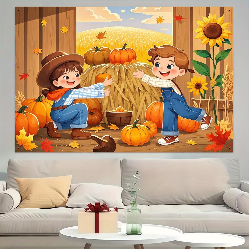 2D plane, 1 banner for the Harvest Festival party, autumn farm scenery and two children and pumpkins
