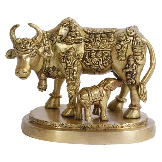 Cow and Calf Statue Brass Kamdhenu Vastu Devta Carving on Gau MATA Idol, Vastu Nandi Pooja Figurine Sculpture, for Home and Office