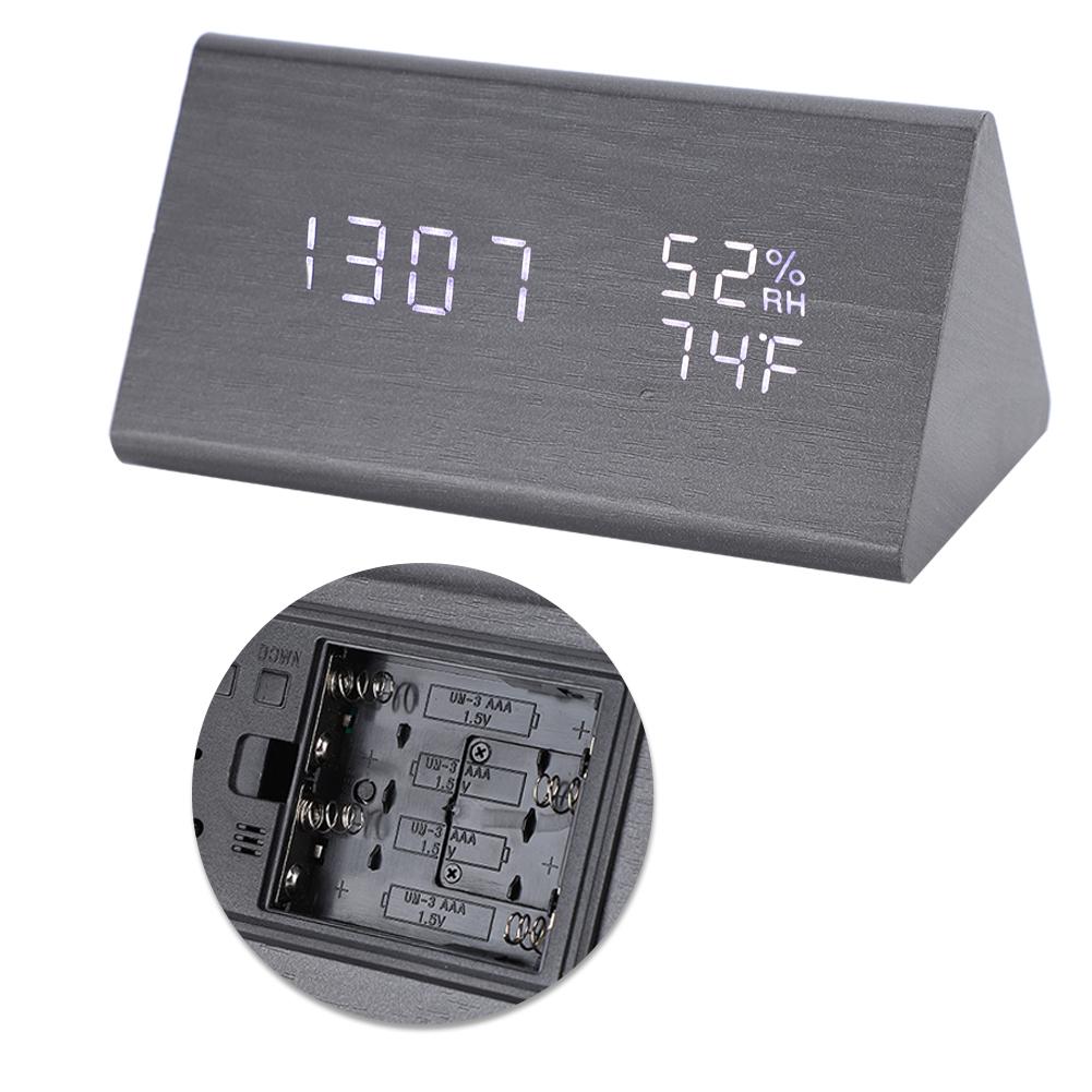 Digital LED Wood Desk Clock Voice Control Triangular Temp Humidity Alarm White Light