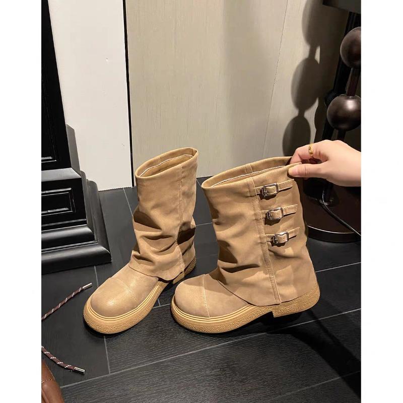 Fashion Retro Women 2025 New Metal Buckle Block Heel Trouser Boots Platform Short Boots