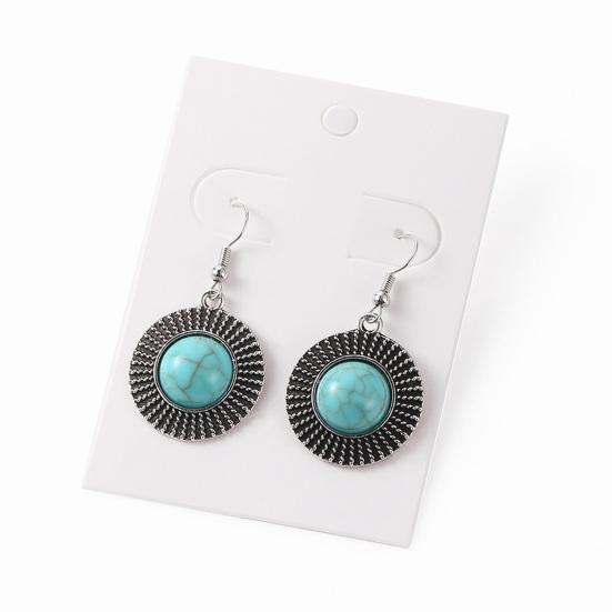 1 Pair Women Hook Round Style Shape Retro Bohemian Earrings Faux Turquoise Stainless