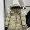 Женский осенне-зимний пуховик средней длины с воротником-стойкой и капюшоном на белом утином пуху