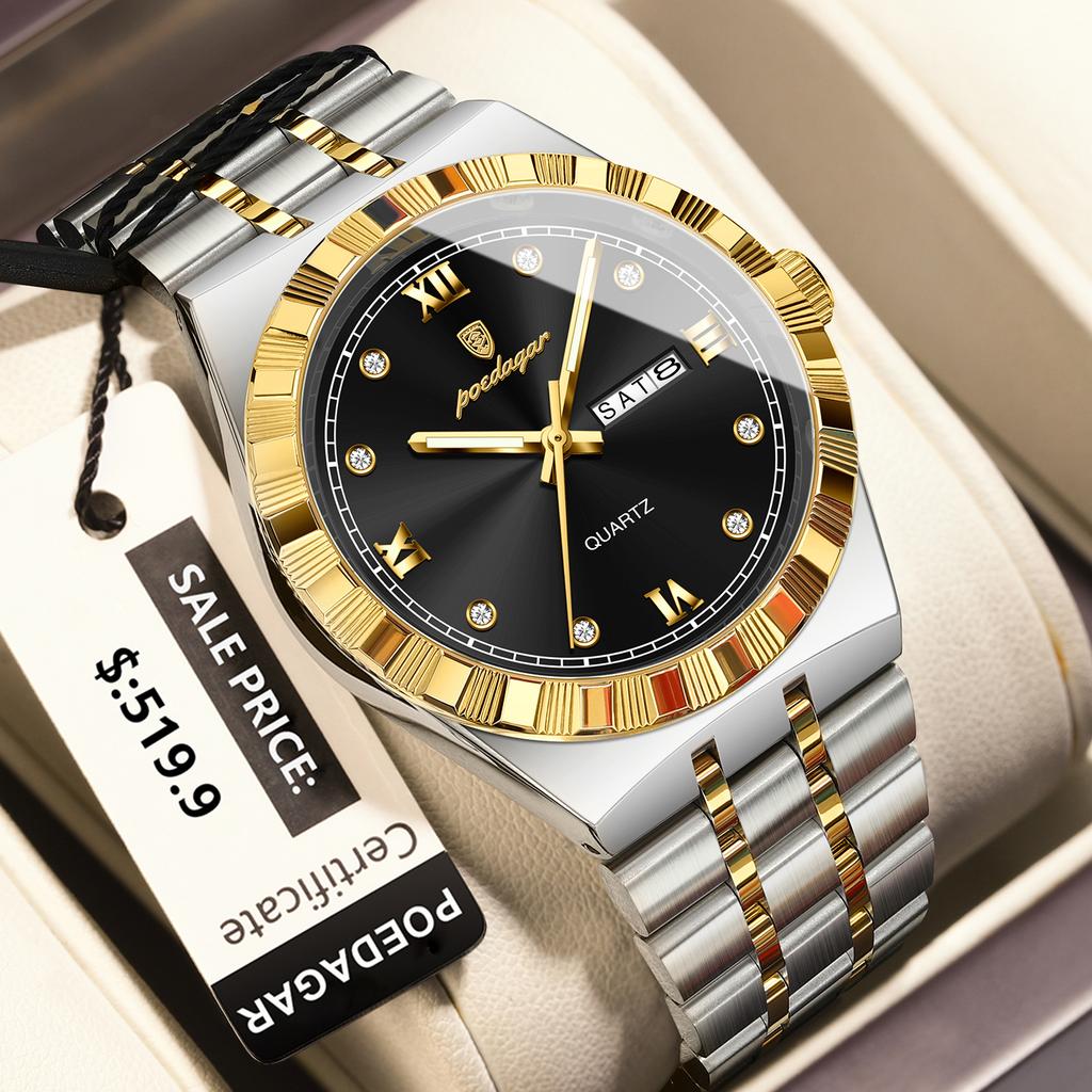 POEDAGAR Business Male Quartz Wristwatch Waterproof Luminous Week Date Watch For Men Stainless Steel Fashion Men's Watches Reloj