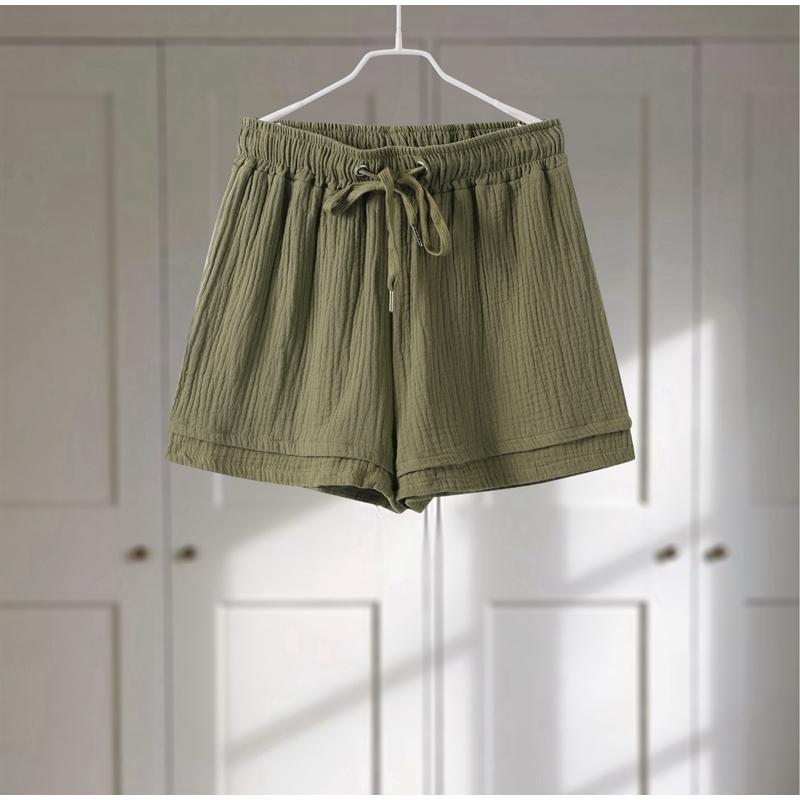 Комплект мятых шорт с широкими штанинами на шнуровке, Мятая ткань, Женский однотонный лонгслив с карманами, Хлопковые шорты, Комплекты из 2 предметов, Повседневный свободный наряд