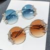 New Style Frameless Cut-edge Diamond Sunglasses With Wave Design Temple Glasses Fashionable Round Rhinestone Sunglasses