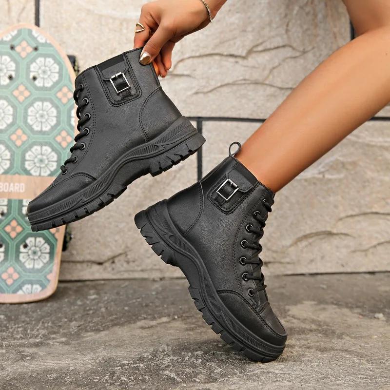 2024 Универсальные женские ботильоны из кожи на толстой подошве со шнуровкой Короткие ботинки Женская осенне-зимняя обувь на толстой подошве из резины