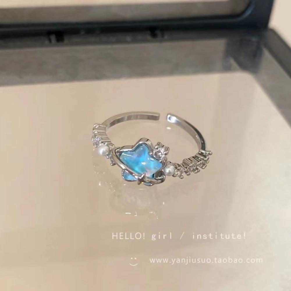 Французское ретро синее кольцо-бабочка, чувство дизайна, темперамент, личность, простое, холодное чувство, универсальное кольцо