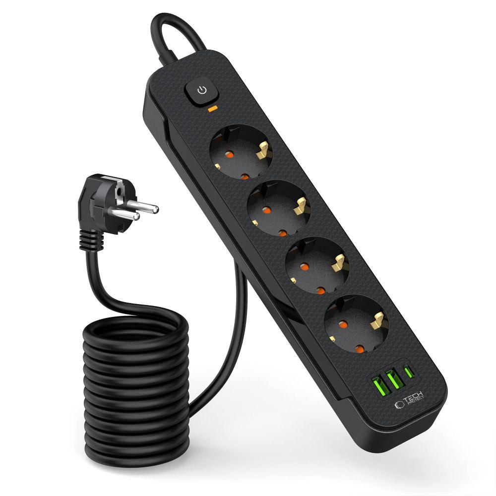 Tech-Protect Удлинитель Pcl4X3 Длинный 2 USB и 1 Type-C и 4 розетки 200 см Черный
