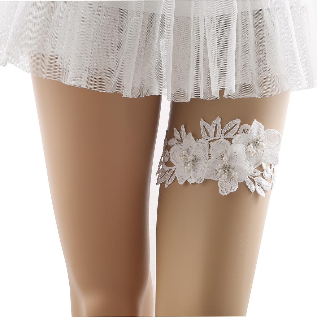 NZUK Свадебные подвязки с 3D цветами и бисером, белые кружевные свадебные подвязки, жемчужные свадебные подвязки для ног, комплект с кольцом на бедро
