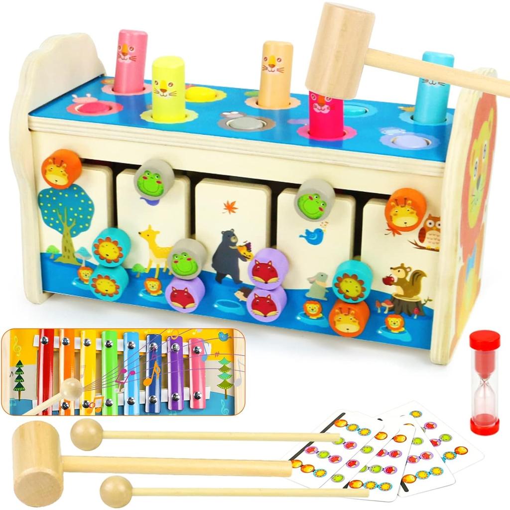 Hammer Game and Xylophone Children's Montessori Toy 4-in-1 Wooden Toy Motor Skills Cube with Knocking Bench Children's Toy Hammer Game for Gift