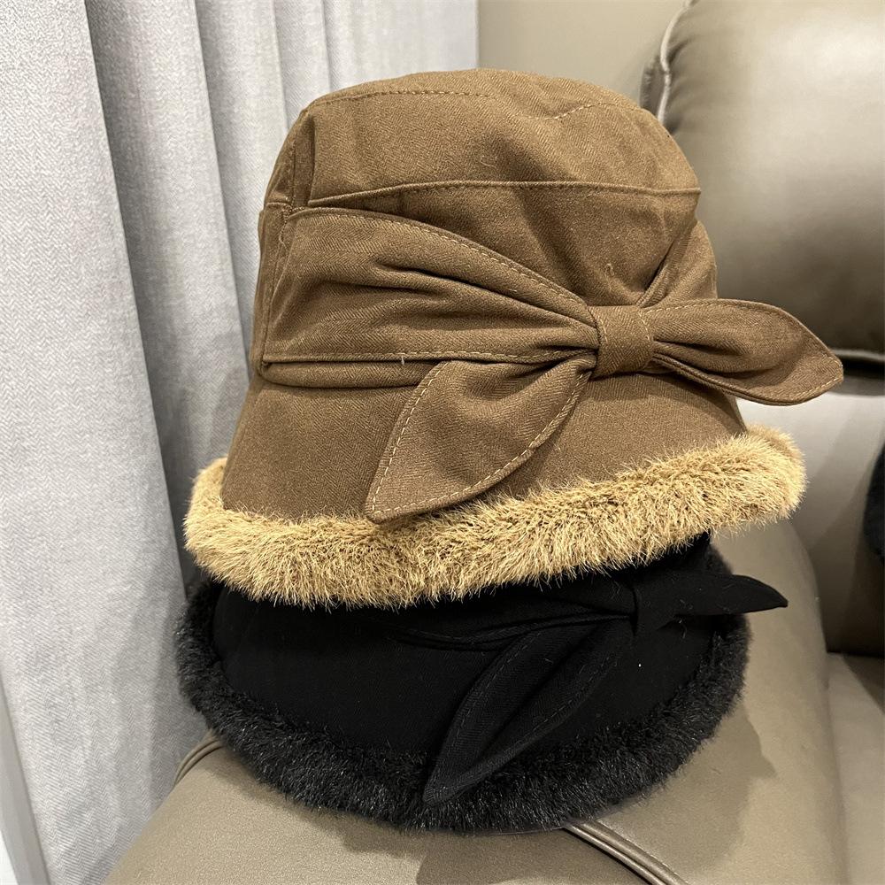 Bucket Hat Women's Autumn and Winter Versatile Casual Playful Bow Cute Basin Hat Thin Rough Edge Thermal Hat